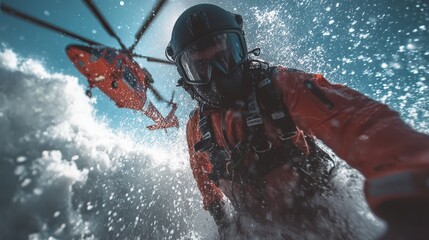 Helmeted Coast Guard rescue swimmer in rough seas with helicopter above, dynamic POV splash, urgent maritime emergency response and lifesaving operation