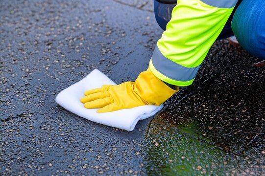 Environmental cleanup worker diligently absorbs oil spill residue using absorbent pads, showcasing a vital pollution control effort.