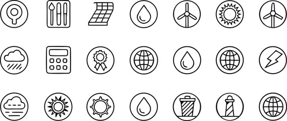 Climate and environment icon set, representing renewable energy, weather patterns, and environmental conservation efforts