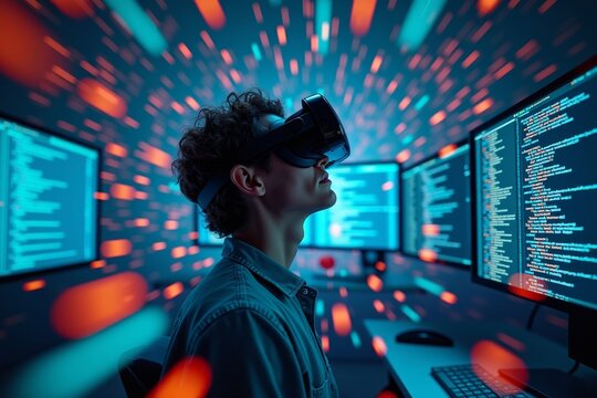 Image of a web developer engulfed in a sea of vibrant code, enclosed by multiple computer screens showcasing complex programming languages