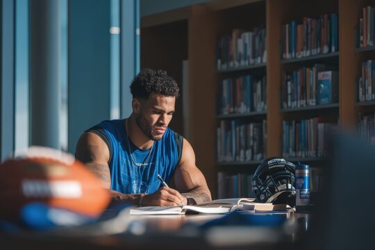 Focused university athlete studying in a modern library, writing notes at a desk in soft evening light, showcasing dedication, discipline, and academic commitment