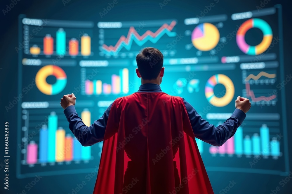 Poster superhero data analyst poses in front of giant interactive kpi dashboard with colorful graphs