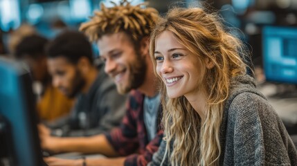 Smiling diverse students learning at computers in modern classroom, young woman in focus with casual sweater, teamwork and digital skills education