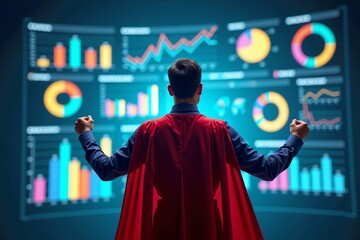Superhero Data Analyst Poses in Front of Giant Interactive KPI Dashboard with Colorful Graphs