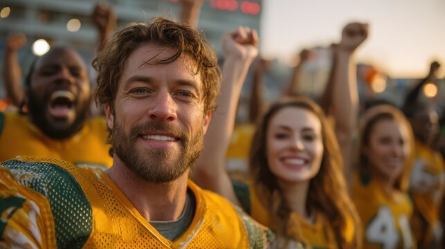 Smiling athlete leading a jubilant team after a night game, diverse players in red jerseys celebrating victory with energy, unity, and sportsmanship on the field