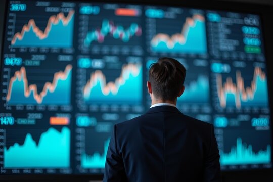 Intensely focused businessman in suit analyzing financial data on large digital screen