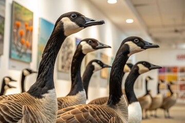Obraz premium A close-up view of several canada geese with their distinctive black necks and white chins gathered together in a park or sanctuary scene