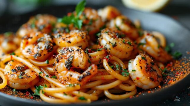Shrimp pasta prepared with garlic and spices in a beautifully plated dish, garnished with herbs and lemon