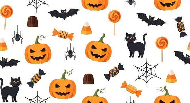 A festive Halloween pattern featuring jack-o'-lanterns, black cats, bats, candy corn, lollipops, and wrapped sweets on a white background.