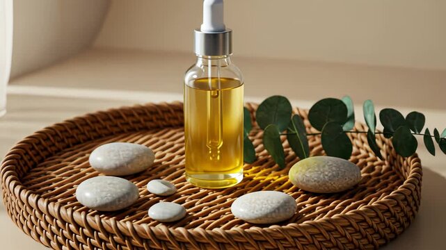 Serene aromatherapy scene with essential oil and natural elements in sunlight