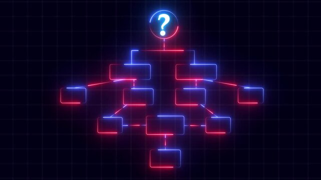 Glowing Neon Flowchart Animation Showing Business Team Hierarchy, Organizational Structure, Staff Roles, and Corporate Leadership