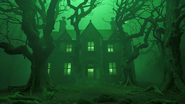 Eerie gothic house with illuminated windows nestled between ancient, gnarled trees in monochromatic green forest. Dense foliage frames symmetrical building, creating atmospheric supernatural scene