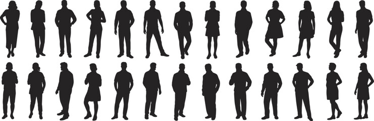 Group of diverse business people silhouettes standing confidently, professional team, corporate culture, leadership, teamwork, unity, success, office workers, flat vector illustration 