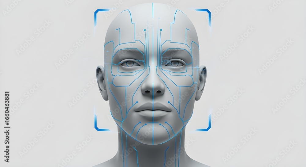 Poster artificial intelligence face with electronic circuitry | conceptual biometric security and futuristi