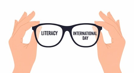 Hands holding eyeglasses with "Literacy" and "International Day" displayed clearly within the lenses, symbolizing vision and education.