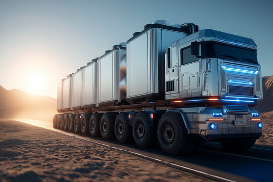 A cinematic, low-angle view of a sleek, futuristic mobile nuclear microreactor unit on a massive, multi-axle truck, traveling on a desert highway at sunset.