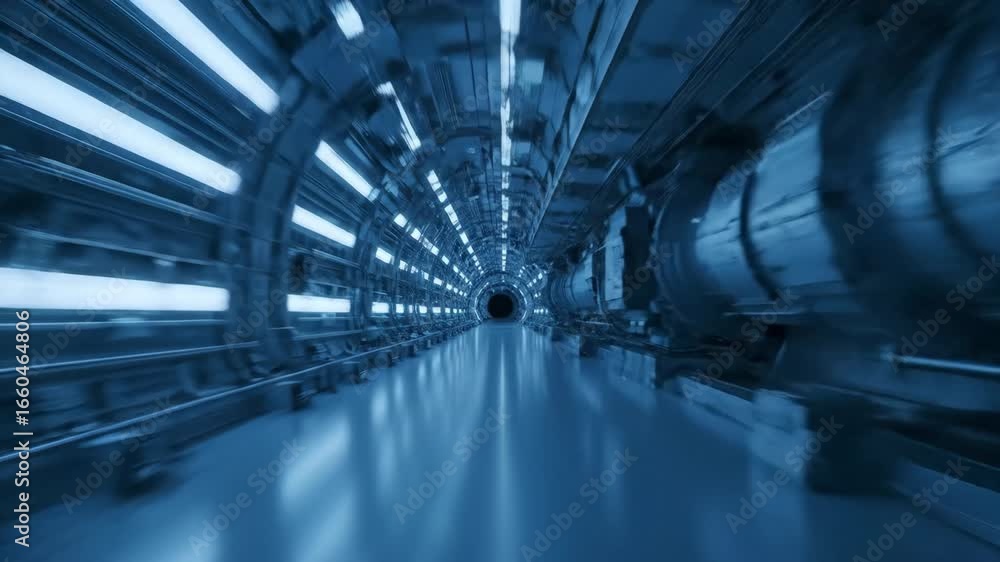 Poster futuristic particle accelerator tunnel - a captivating view down a long, cylindrical particle accele