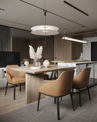 Elegant dining area with wooden table, tan leather chairs, and designer lighting.