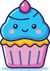 Adorable kawaii blue icing cupcake with pink wrapper and cherry on top a cute dessert illustration for sweet treats and celebrations