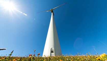 A towering wind turbine in a field of wildflowers under a vibrant blue sky