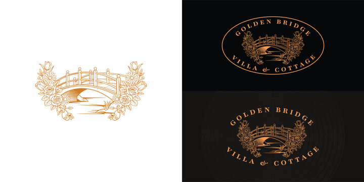 A charming logo for villas and cottages features an intricate illustration of a footbridge surrounded by a detailed arrangement of flowers, conveying a sense of classic elegance and natural beauty.
