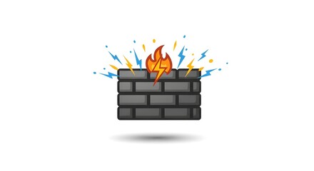 Firewall Illustration with Brick Wall, Lightning Bolts and Flames | Security Concept for Network Protection, Data Privacy and Cybersecurity Marketing