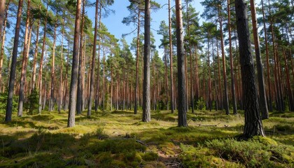 Fototapeta premium A dense forest of tall pine trees stands in a sunlit clearing, showcasing a tranquil and natural scene.