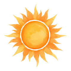 Bright Orange Yellow Sun with Glowing Warm Ray Isolated Hand Drawn Watercolor Painting Illustration