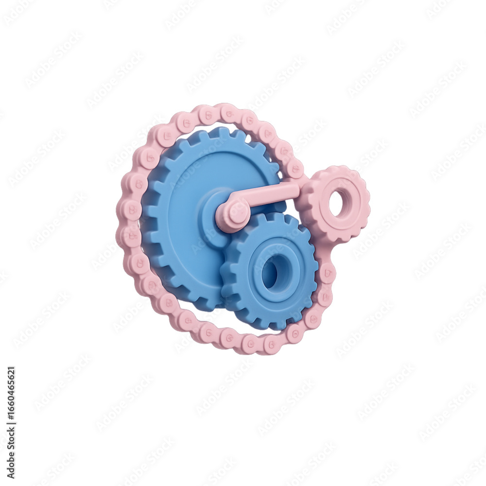 Poster interlocking gears and chain mechanism in blue and pink isolated on transparent background