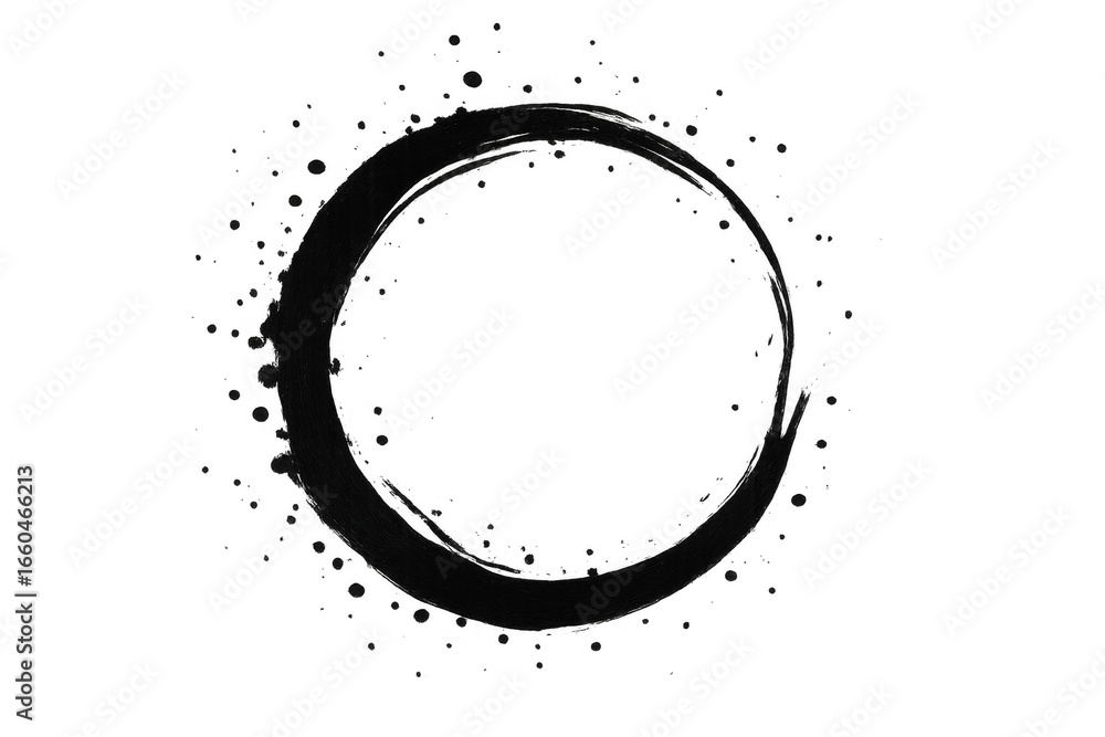 Poster black paint brush stroke circular frame with ink splatter on transparent background