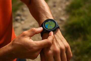 Close-up of a man’s hand adjusting a GPS smartwatch while hiking on a trail, representing technology, navigation, and outdoor adventure