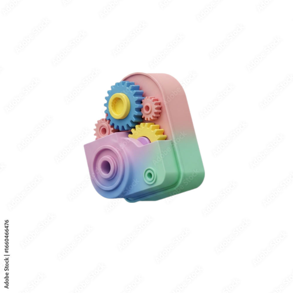 Poster colorful 3d rendered camera with visible gears isolated on transparent background