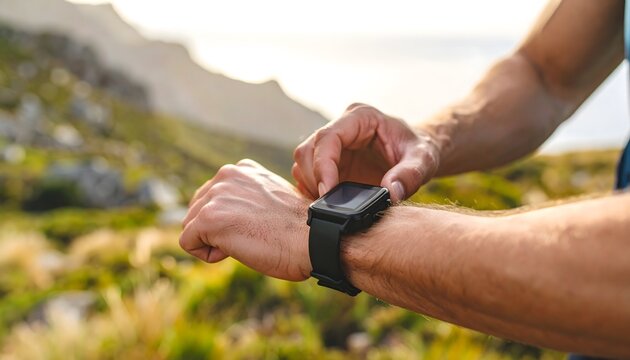 Close-up of a hiker adjusting a smartwatch during an outdoor adventure, symbolizing technology, fitness, and exploration in nature