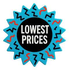 Fototapeta premium Bright blue starburst sticker with LOWEST PRICES offer in bold lettering, vibrant retail discount promo on transparent background.