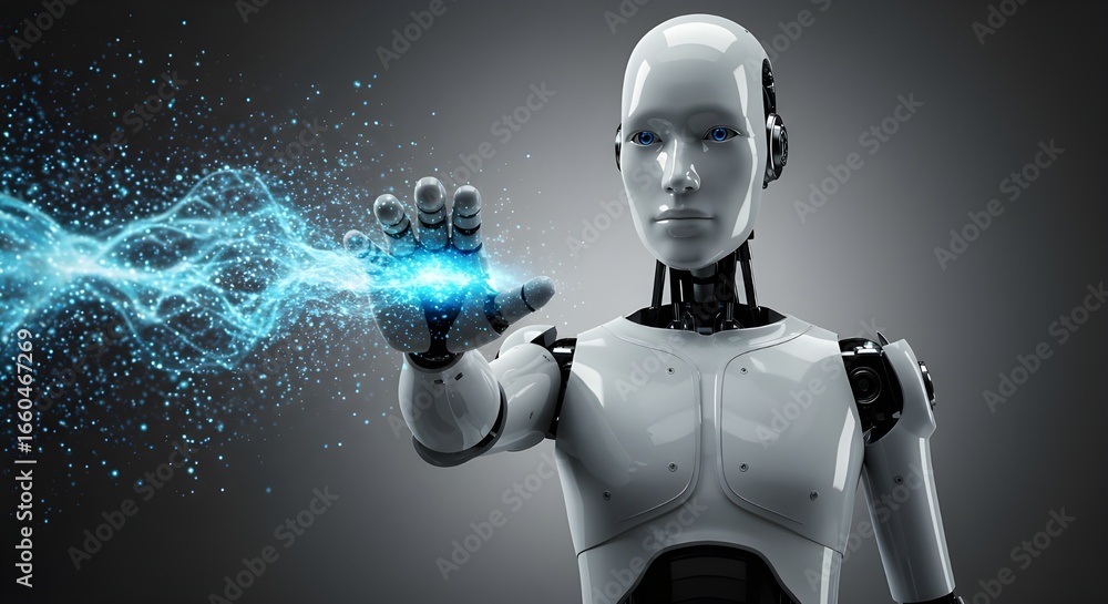 Poster humanoid robot with hand reaching for energy flow | futuristic technology concept for artificial int