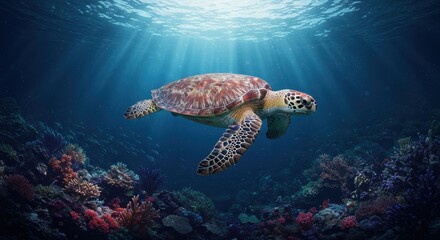 Fototapeta premium Majestic sea turtle gracefully glides through sunlit ocean waters amid colorful coral reefs creating a stunning underwater scene