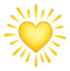 Fototapeta premium Cute Yellow Heart Shaped Sunshine with Sun Ray Isolated Hand Drawn Watercolor Painting Illustration
