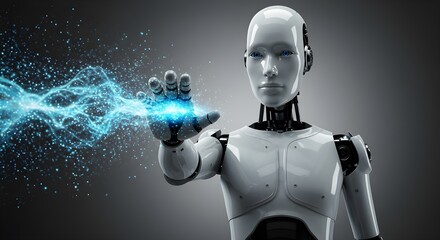 Fototapeta premium Humanoid Robot with Hand Reaching for Energy Flow | Futuristic Technology Concept for Artificial Intelligence, Robotics Engineering and Innovation