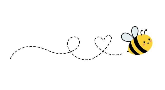 Cute bee with heart-shaped flight path on white background