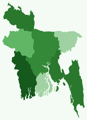 Obraz premium Map of Bangladesh with regions. Just a simple country border map with region division. Green color palette. Flat People's Republic of Bangladesh shape with administrative division.