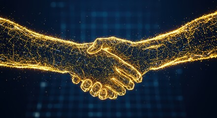 Digital handshake representing global business partnership and connection in a modern technological world