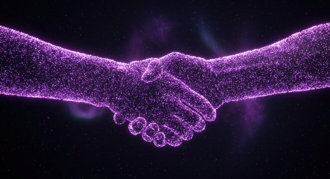 Abstract purple glowing handshake concept represents digital partnership and agreement within futuristic technology business