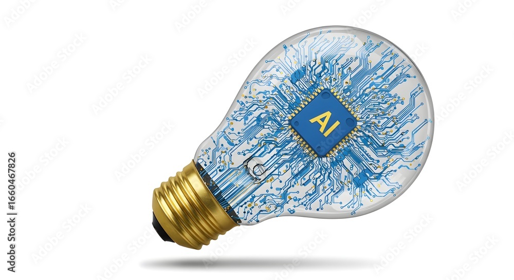 Poster ai light bulb with microchip on white background | concept for artificial intelligence, innovation, 