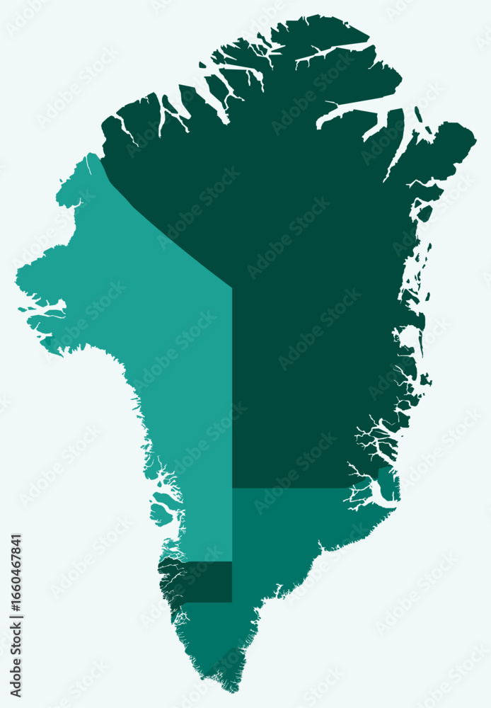 Poster map of greenland with regions. just a simple country border map with region division. teal color pal