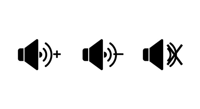 Audio volume icon set: increase, decrease, and mute symbols in minimalist style