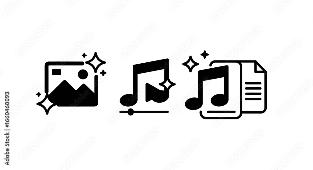 Poster Clean digital media icons with music and image elements in black and white design