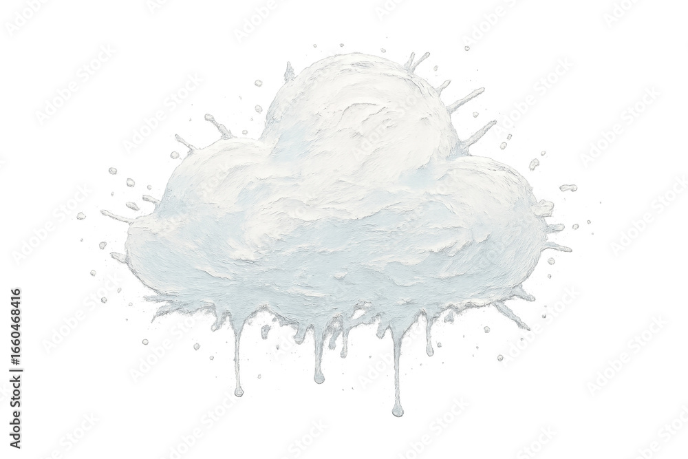Poster white paint splashing and dripping forming a cloud shape on transparent background