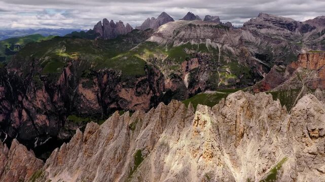 Smooth Cinematic Flight Over Cirspitzen with Distant View of Seceda