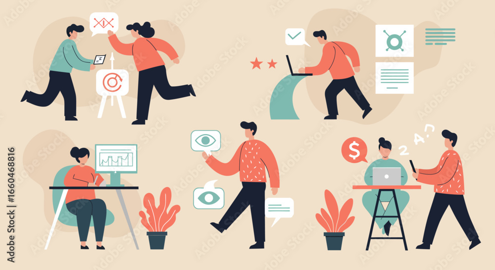 Poster flat style teamwork and business growth concepts with abstract background