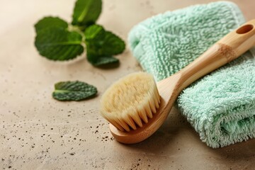 A light beige surface displays a light mint green towel and a light beige wooden body brush, accented with fresh mint leaves.